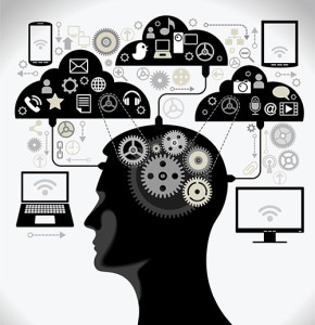 social media, communication in the global computer networks. silhouette of a human head with an interface icons.